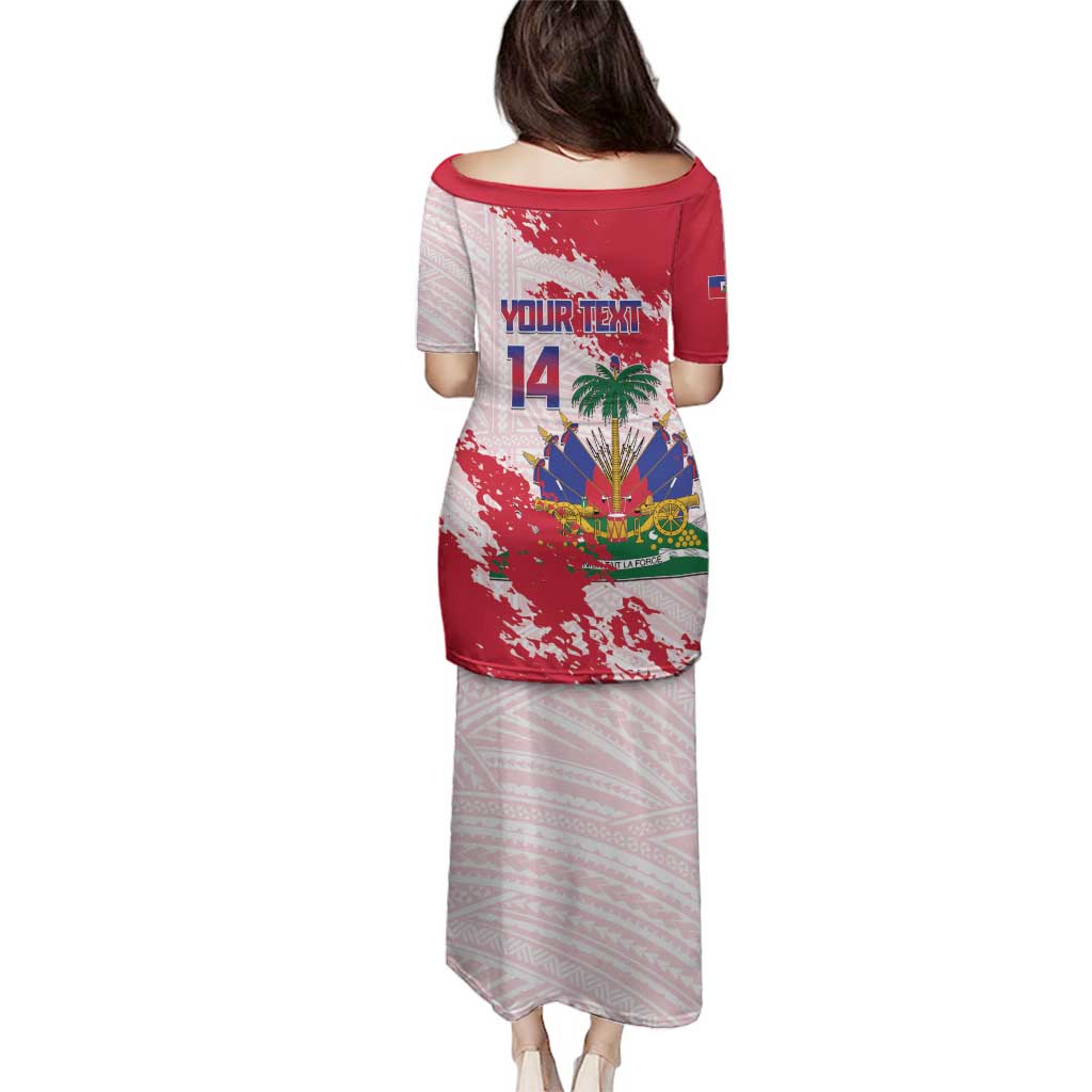 Custom Haiti Football Family Matching Puletasi and Hawaiian Shirt Les Grenadiers Red Grunge Polynesian Tattoo - Wonder Print Shop