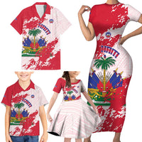 Custom Haiti Football Family Matching Short Sleeve Bodycon Dress and Hawaiian Shirt Les Grenadiers Red Grunge Polynesian Tattoo - Wonder Print Shop