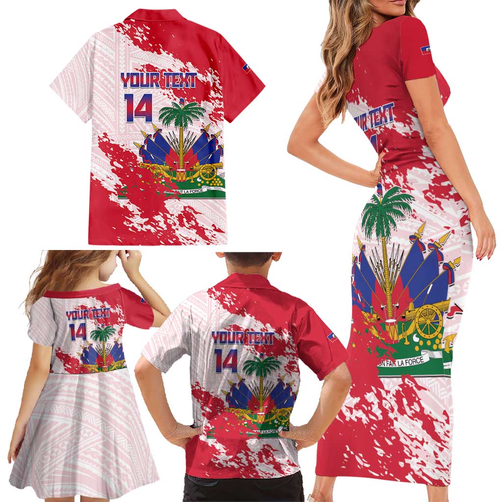 Custom Haiti Football Family Matching Short Sleeve Bodycon Dress and Hawaiian Shirt Les Grenadiers Red Grunge Polynesian Tattoo - Wonder Print Shop