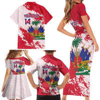 Custom Haiti Football Family Matching Short Sleeve Bodycon Dress and Hawaiian Shirt Les Grenadiers Red Grunge Polynesian Tattoo - Wonder Print Shop