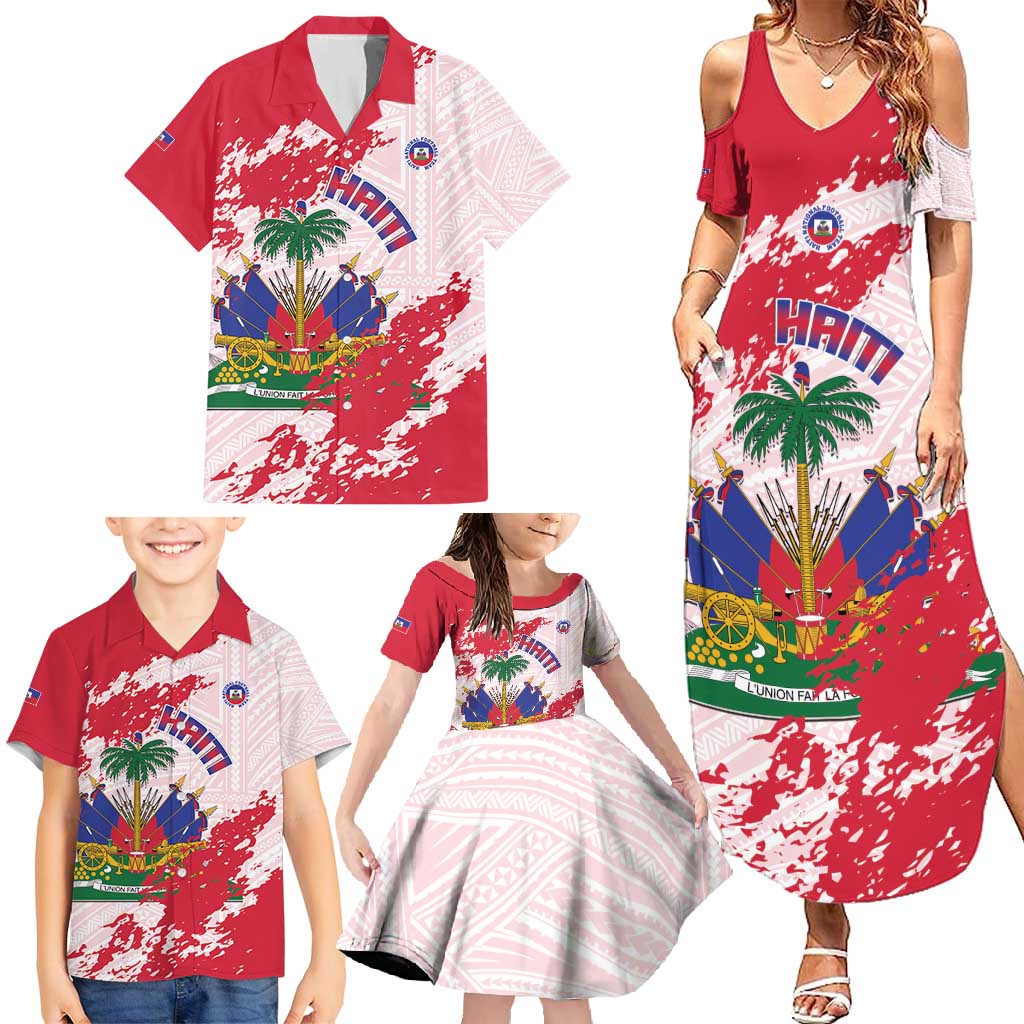 Custom Haiti Football Family Matching Summer Maxi Dress and Hawaiian Shirt Les Grenadiers Red Grunge Polynesian Tattoo - Wonder Print Shop
