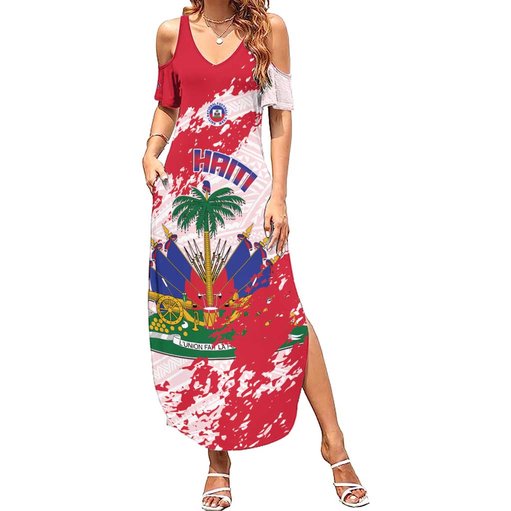 Custom Haiti Football Family Matching Summer Maxi Dress and Hawaiian Shirt Les Grenadiers Red Grunge Polynesian Tattoo - Wonder Print Shop