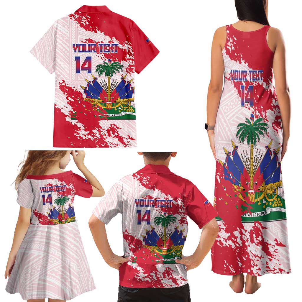 Custom Haiti Football Family Matching Tank Maxi Dress and Hawaiian Shirt Les Grenadiers Red Grunge Polynesian Tattoo - Wonder Print Shop