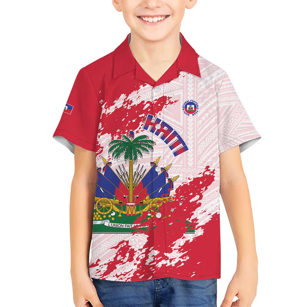 Custom Haiti Football Kid Hawaiian Shirt Les Grenadiers Red Grunge Polynesian Tattoo - Wonder Print Shop