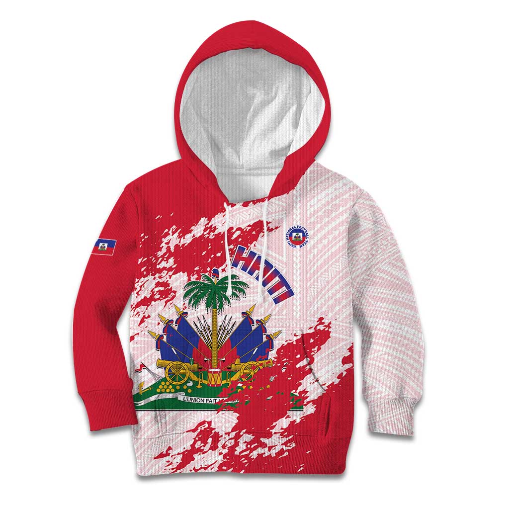 Custom Haiti Football Kid Hoodie Les Grenadiers Red Grunge Polynesian Tattoo - Wonder Print Shop