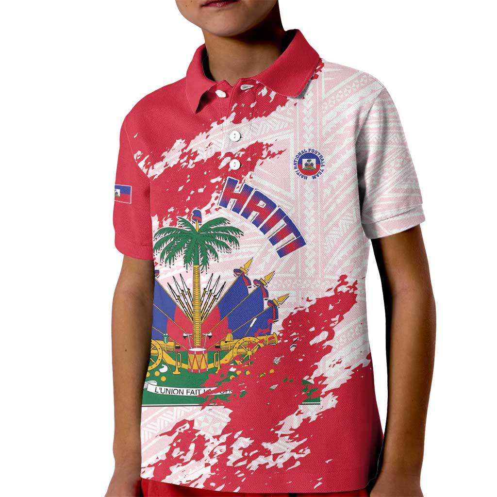 Custom Haiti Football Kid Polo Shirt Les Grenadiers Red Grunge Polynesian Tattoo - Wonder Print Shop