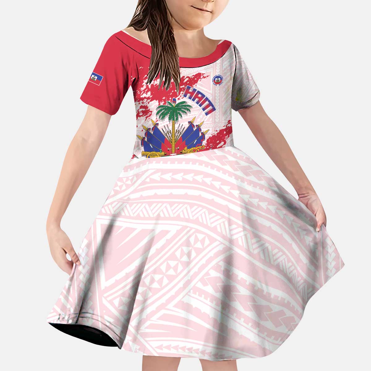 Custom Haiti Football Kid Short Sleeve Dress Les Grenadiers Red Grunge Polynesian Tattoo - Wonder Print Shop