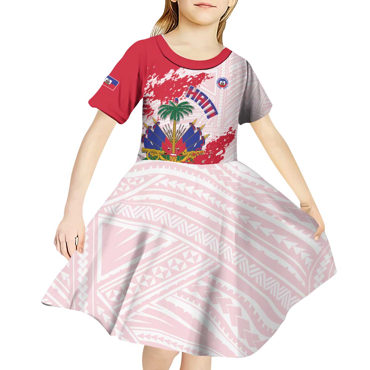 Custom Haiti Football Kid Short Sleeve Dress Les Grenadiers Red Grunge Polynesian Tattoo - Wonder Print Shop