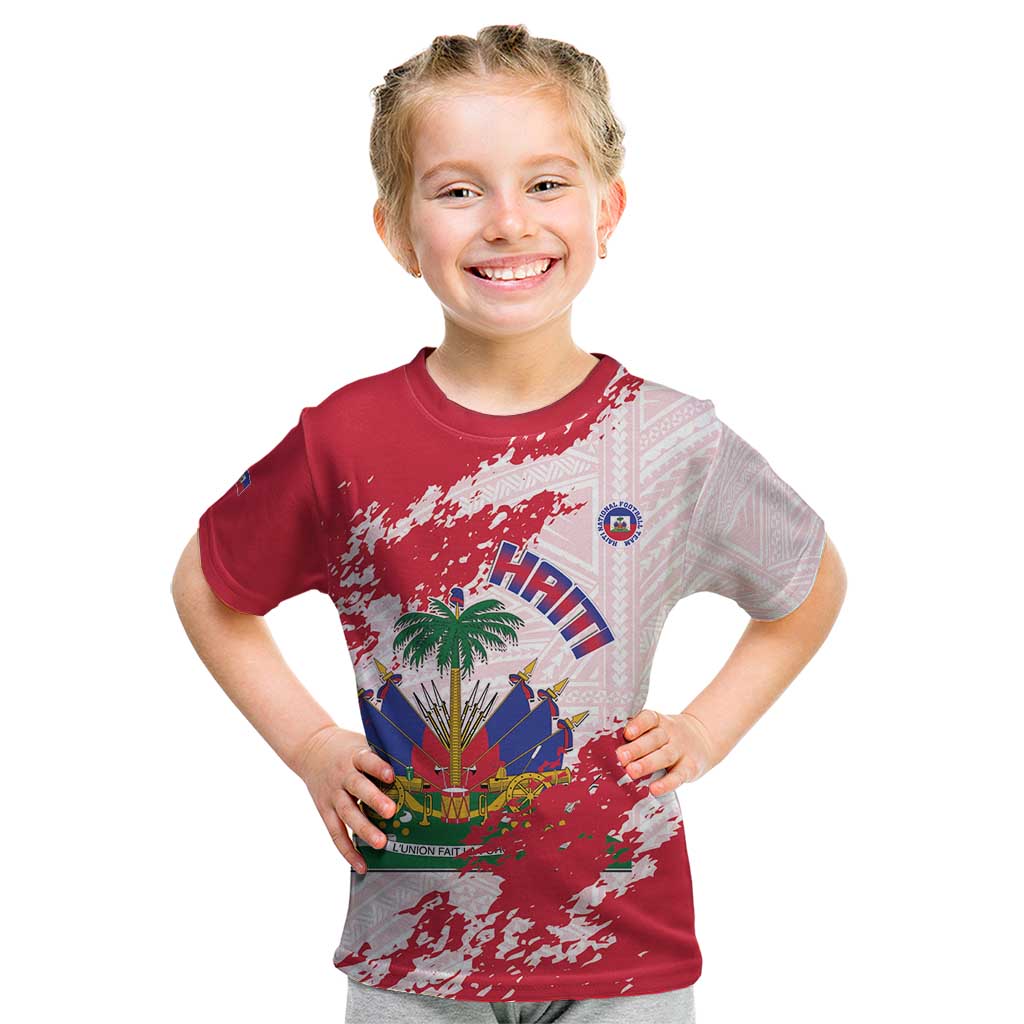 Custom Haiti Football Kid T Shirt Les Grenadiers Red Grunge Polynesian Tattoo - Wonder Print Shop