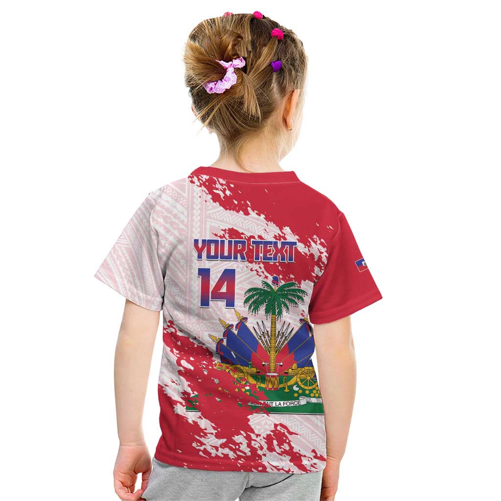 Custom Haiti Football Kid T Shirt Les Grenadiers Red Grunge Polynesian Tattoo - Wonder Print Shop