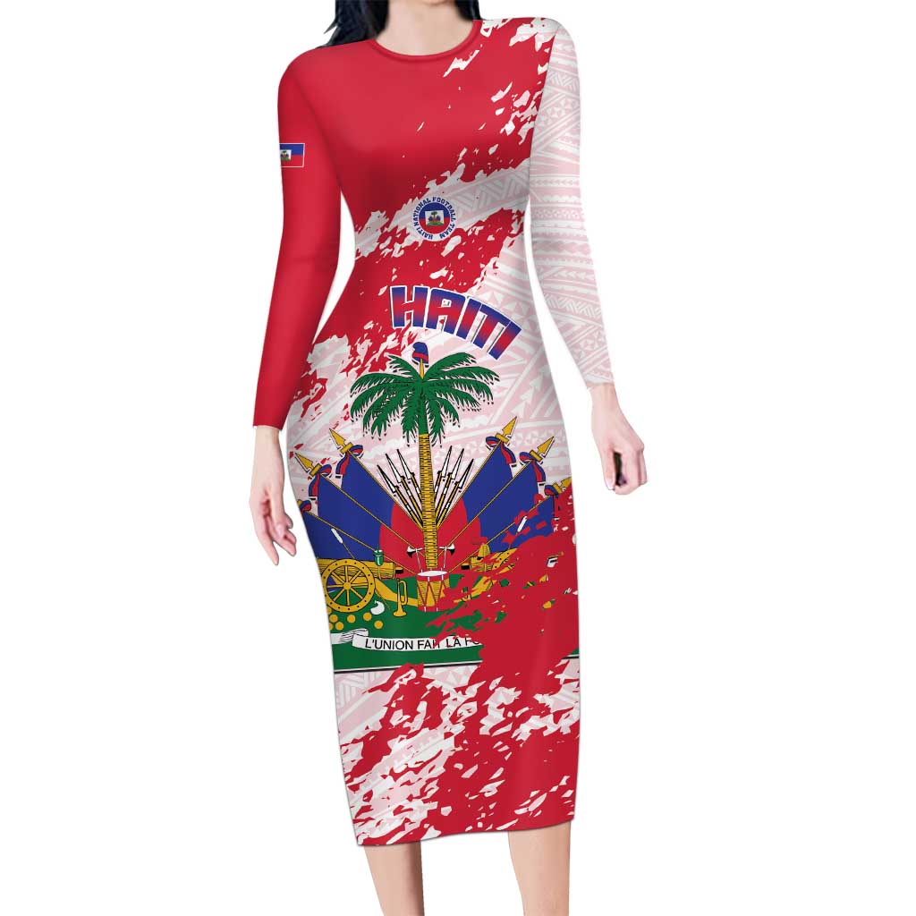 Custom Haiti Football Long Sleeve Bodycon Dress Les Grenadiers Red Grunge Polynesian Tattoo - Wonder Print Shop