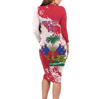 Custom Haiti Football Long Sleeve Bodycon Dress Les Grenadiers Red Grunge Polynesian Tattoo - Wonder Print Shop