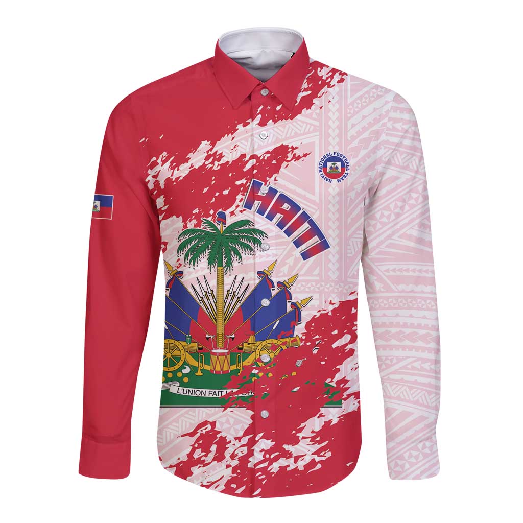 Custom Haiti Football Long Sleeve Button Shirt Les Grenadiers Red Grunge Polynesian Tattoo - Wonder Print Shop