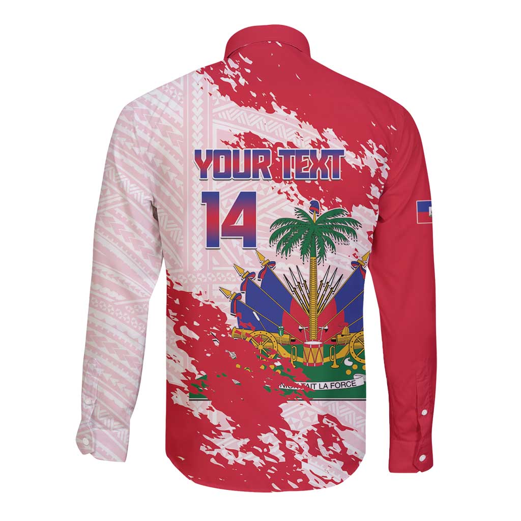 Custom Haiti Football Long Sleeve Button Shirt Les Grenadiers Red Grunge Polynesian Tattoo - Wonder Print Shop
