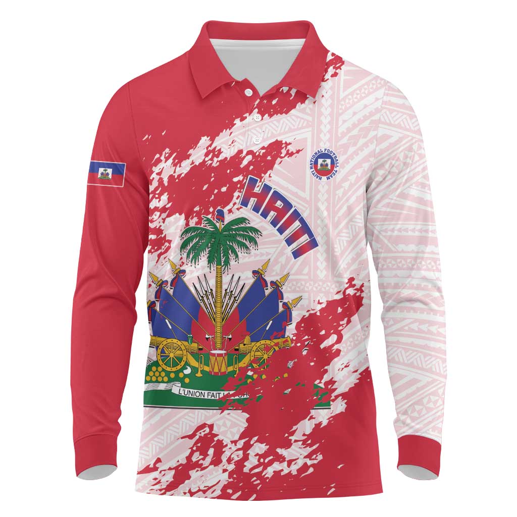 Custom Haiti Football Long Sleeve Polo Shirt Les Grenadiers Red Grunge Polynesian Tattoo - Wonder Print Shop