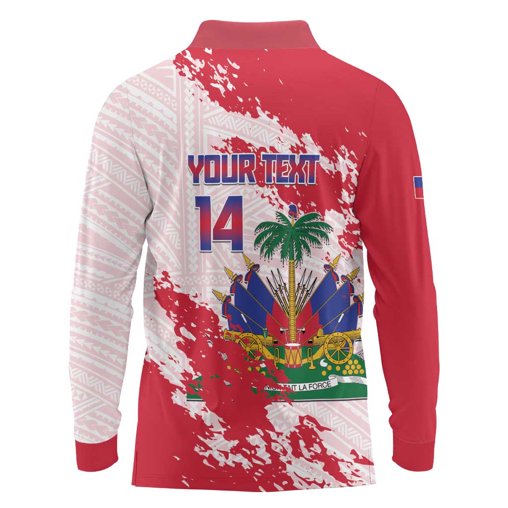 Custom Haiti Football Long Sleeve Polo Shirt Les Grenadiers Red Grunge Polynesian Tattoo - Wonder Print Shop