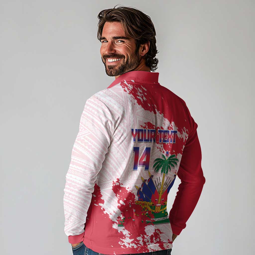 Custom Haiti Football Long Sleeve Polo Shirt Les Grenadiers Red Grunge Polynesian Tattoo - Wonder Print Shop