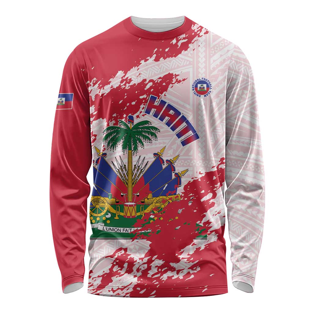 Custom Haiti Football Long Sleeve Shirt Les Grenadiers Red Grunge Polynesian Tattoo - Wonder Print Shop