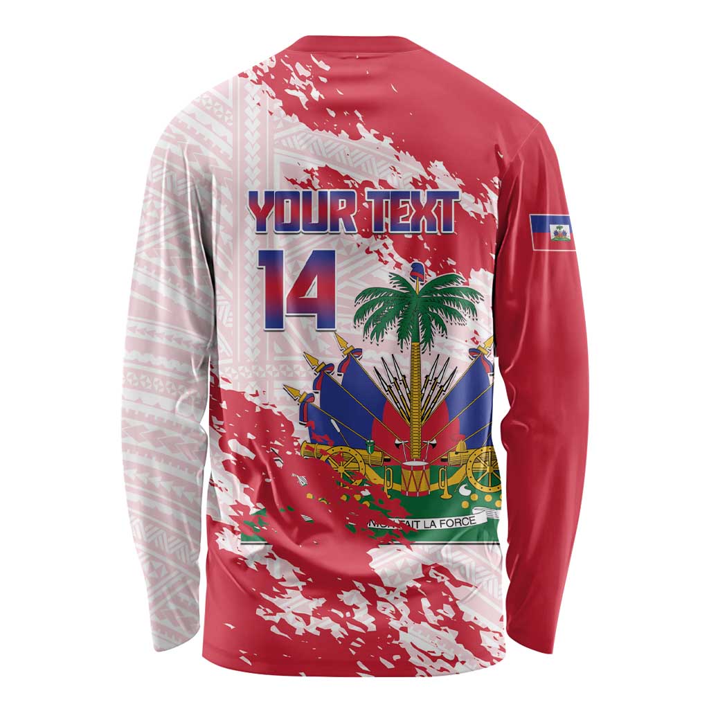 Custom Haiti Football Long Sleeve Shirt Les Grenadiers Red Grunge Polynesian Tattoo - Wonder Print Shop
