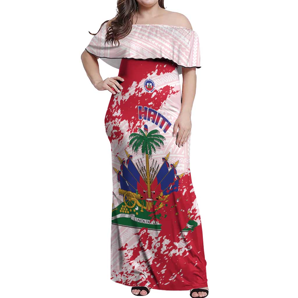 Custom Haiti Football Off Shoulder Maxi Dress Les Grenadiers Red Grunge Polynesian Tattoo - Wonder Print Shop
