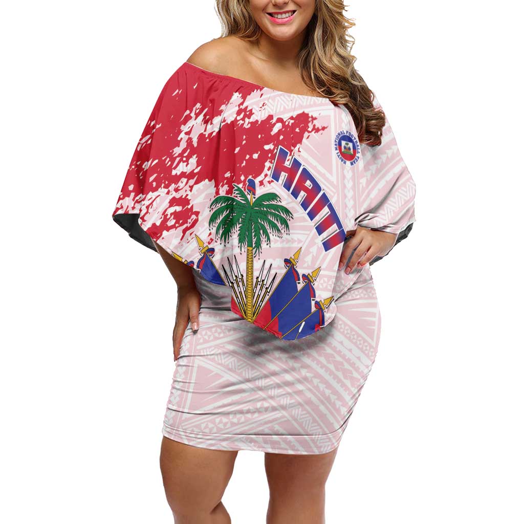 Custom Haiti Football Off Shoulder Short Dress Les Grenadiers Red Grunge Polynesian Tattoo - Wonder Print Shop