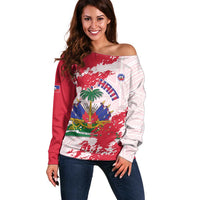 Custom Haiti Football Off Shoulder Sweater Les Grenadiers Red Grunge Polynesian Tattoo - Wonder Print Shop