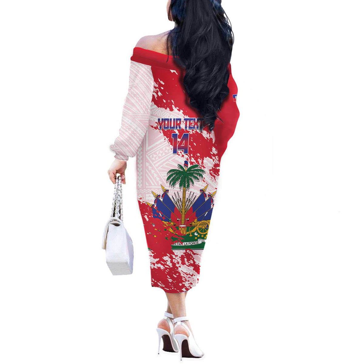Custom Haiti Football Off The Shoulder Long Sleeve Dress Les Grenadiers Red Grunge Polynesian Tattoo - Wonder Print Shop