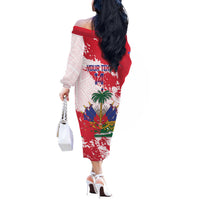 Custom Haiti Football Off The Shoulder Long Sleeve Dress Les Grenadiers Red Grunge Polynesian Tattoo - Wonder Print Shop