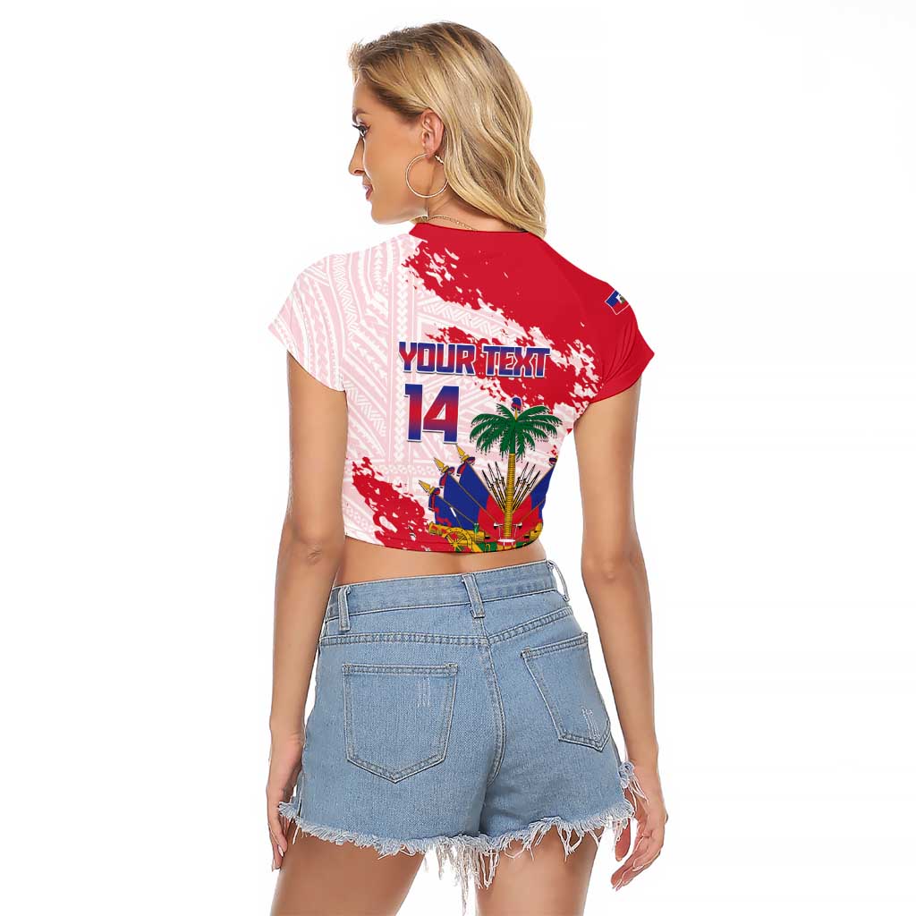 Custom Haiti Football Raglan Cropped T Shirt Les Grenadiers Red Grunge Polynesian Tattoo - Wonder Print Shop