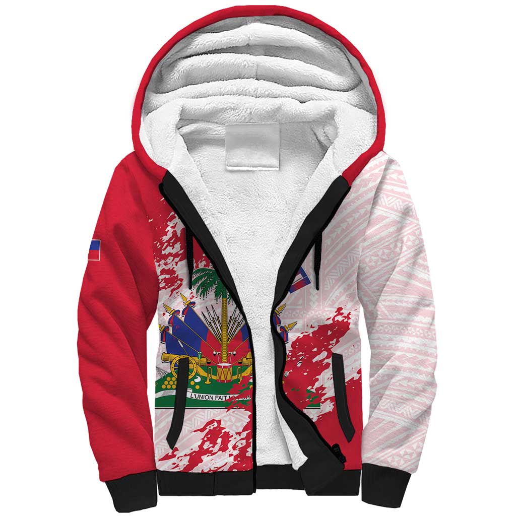 Custom Haiti Football Sherpa Hoodie Les Grenadiers Red Grunge Polynesian Tattoo - Wonder Print Shop