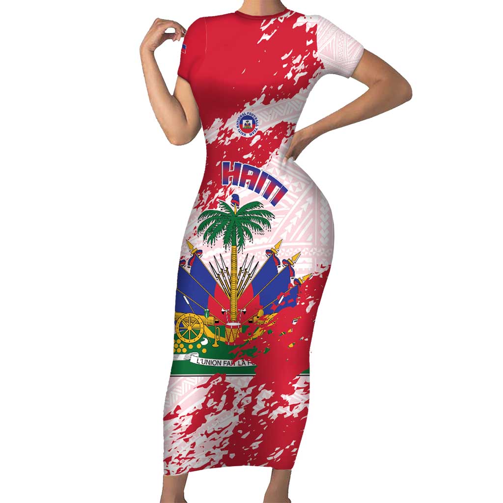 Custom Haiti Football Short Sleeve Bodycon Dress Les Grenadiers Red Grunge Polynesian Tattoo - Wonder Print Shop