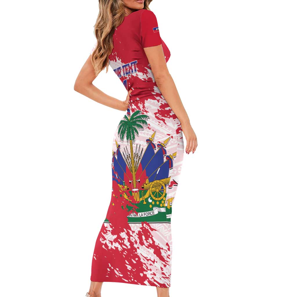 Custom Haiti Football Short Sleeve Bodycon Dress Les Grenadiers Red Grunge Polynesian Tattoo - Wonder Print Shop