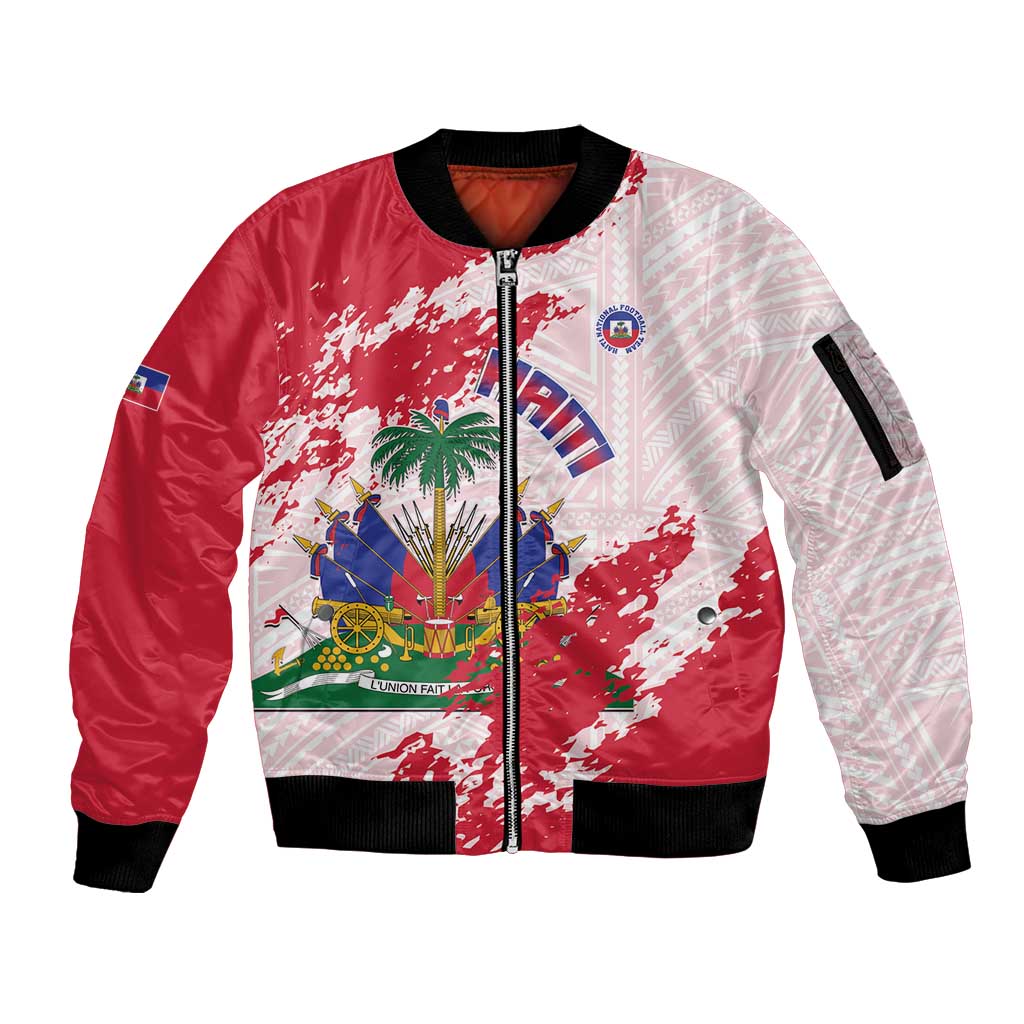 Custom Haiti Football Sleeve Zip Bomber Jacket Les Grenadiers Red Grunge Polynesian Tattoo - Wonder Print Shop