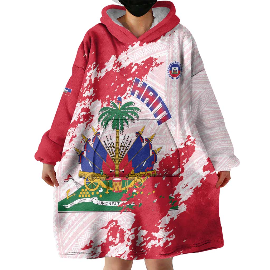 Custom Haiti Football Wearable Blanket Hoodie Les Grenadiers Red Grunge Polynesian Tattoo - Wonder Print Shop