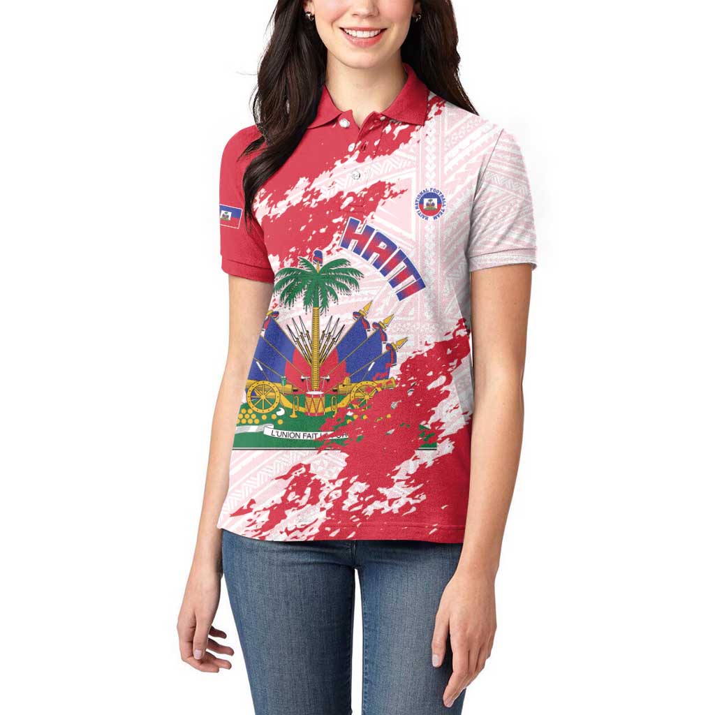 Custom Haiti Football Women Polo Shirt Les Grenadiers Red Grunge Polynesian Tattoo - Wonder Print Shop