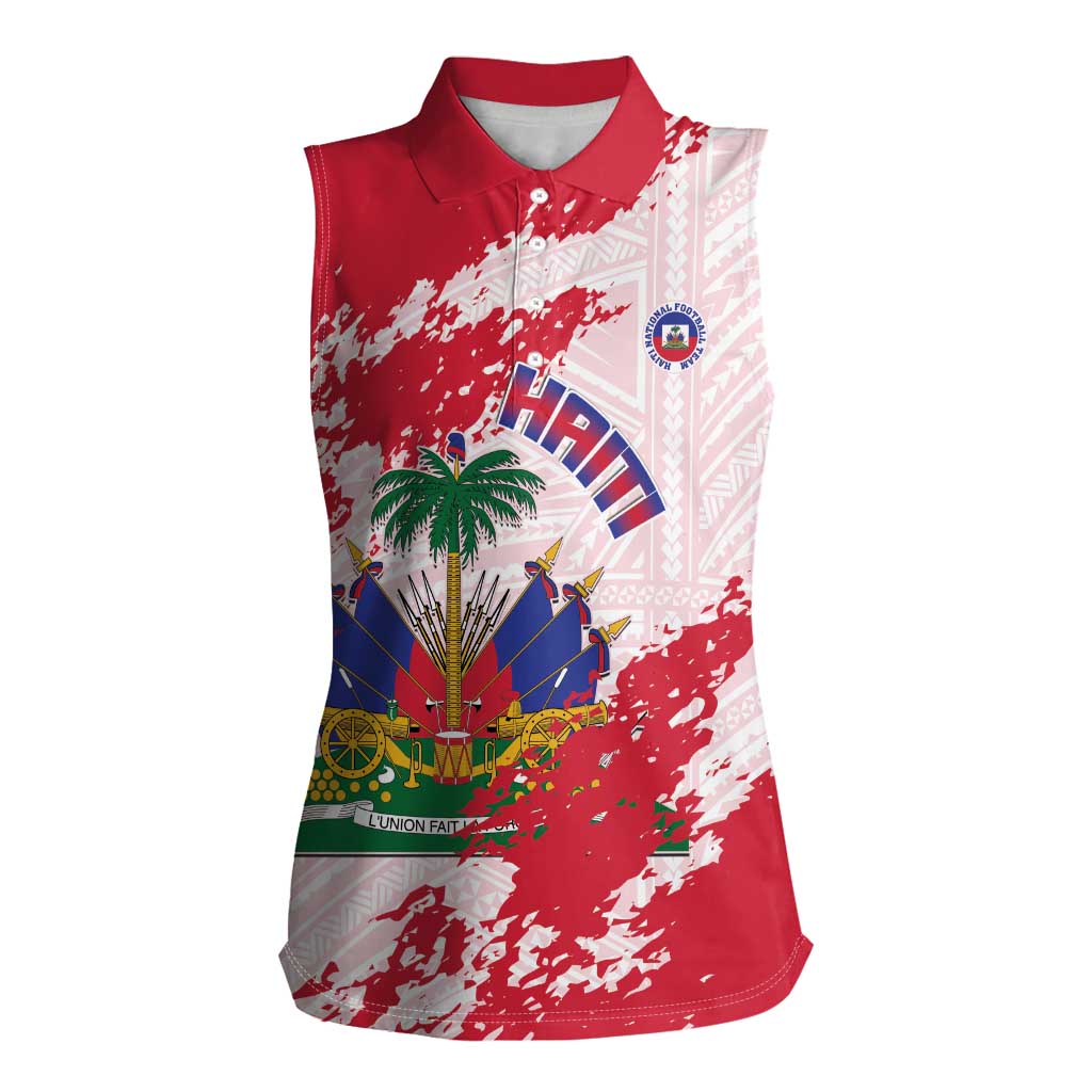 Custom Haiti Football Women Sleeveless Polo Shirt Les Grenadiers Red Grunge Polynesian Tattoo - Wonder Print Shop