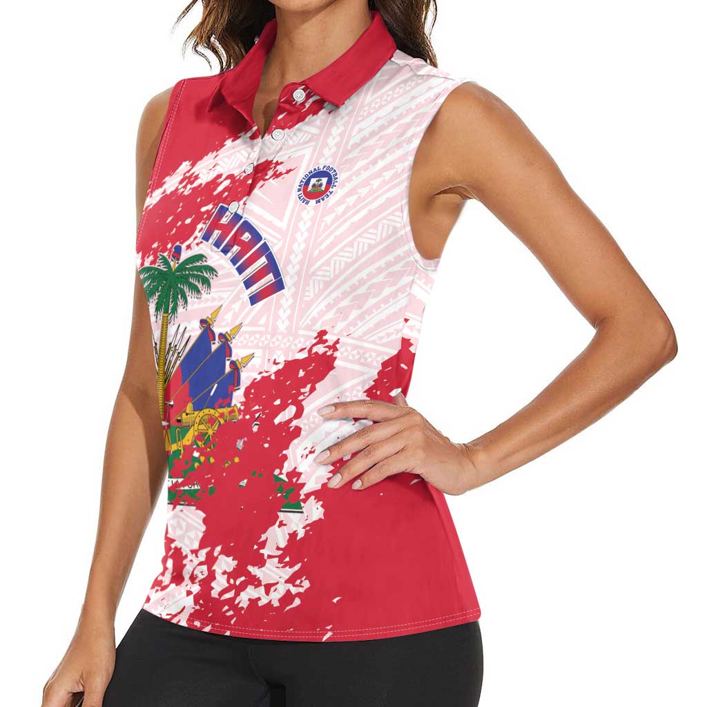 Custom Haiti Football Women Sleeveless Polo Shirt Les Grenadiers Red Grunge Polynesian Tattoo - Wonder Print Shop