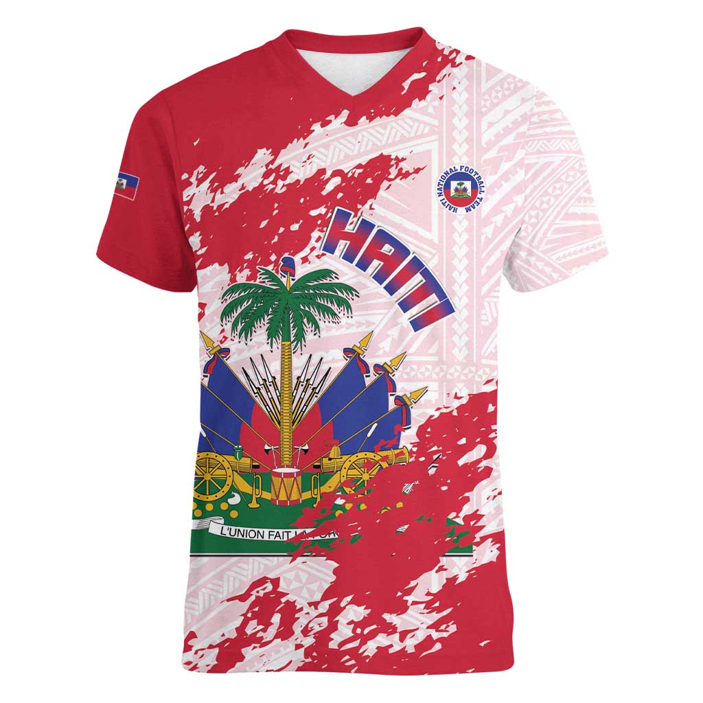 Custom Haiti Football Women V-Neck T-Shirt Les Grenadiers Red Grunge Polynesian Tattoo - Wonder Print Shop