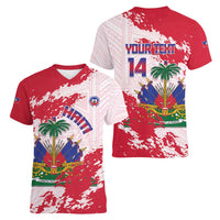 Custom Haiti Football Women V-Neck T-Shirt Les Grenadiers Red Grunge Polynesian Tattoo - Wonder Print Shop