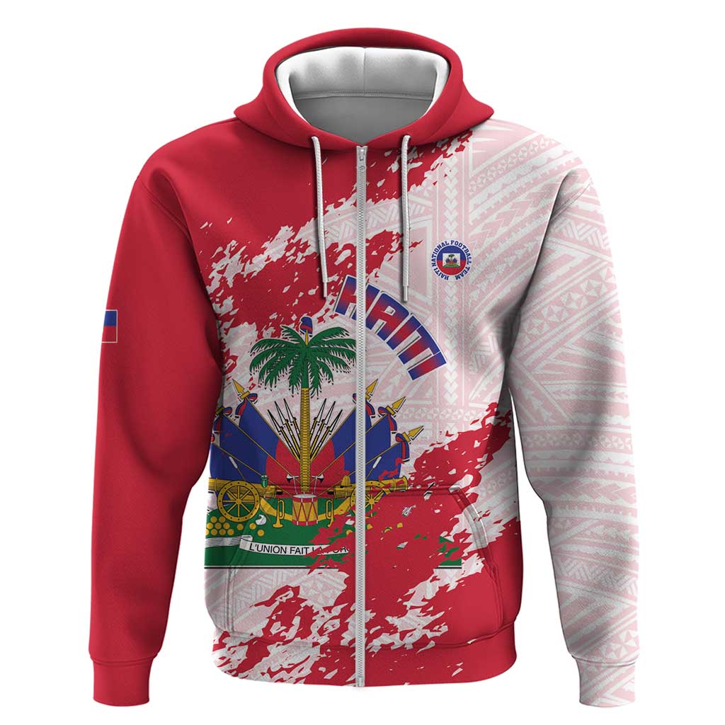 Custom Haiti Football Zip Hoodie Les Grenadiers Red Grunge Polynesian Tattoo - Wonder Print Shop