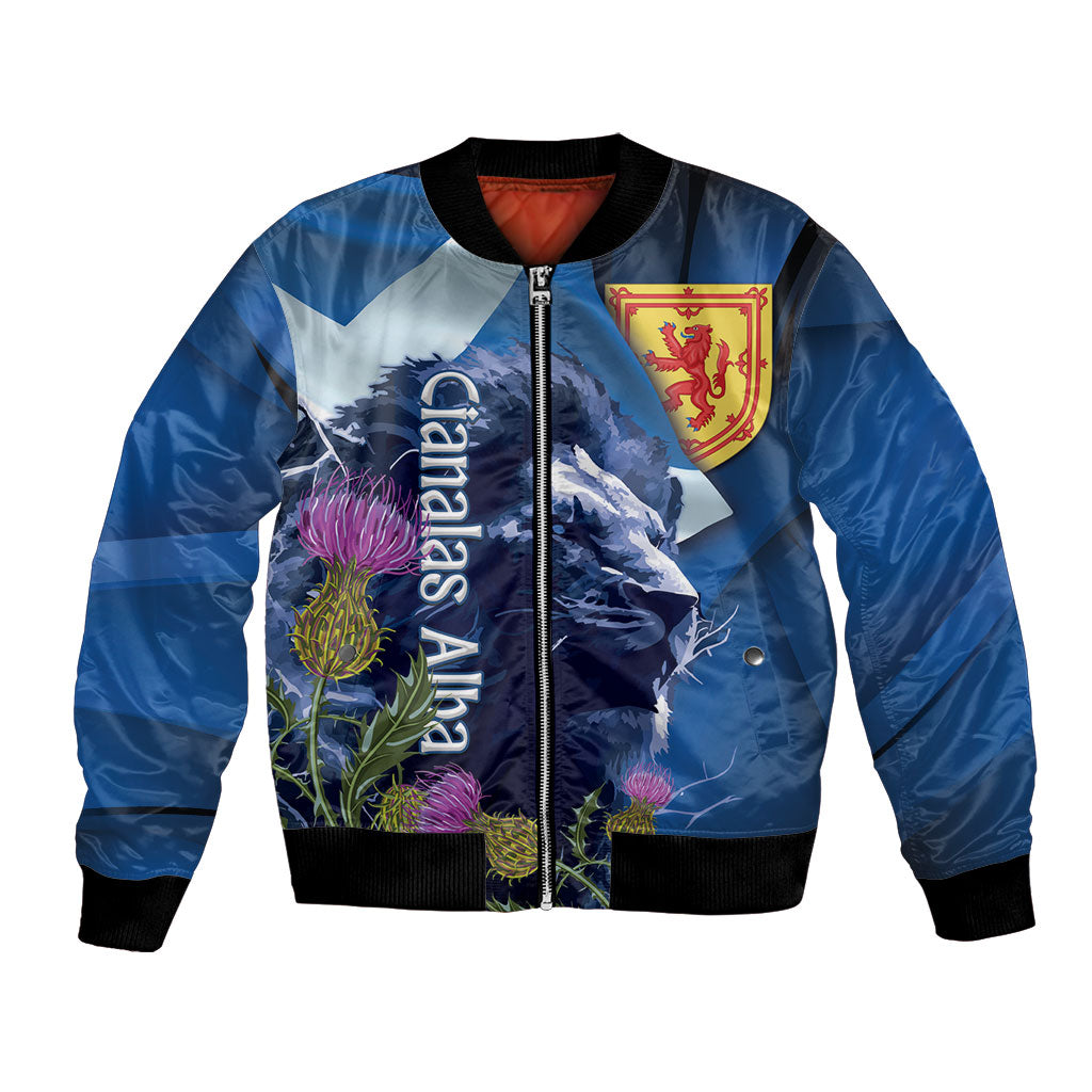 Cianalas Alba Scotland Bomber Jacket Scottish Lion and Thistle Blue Version