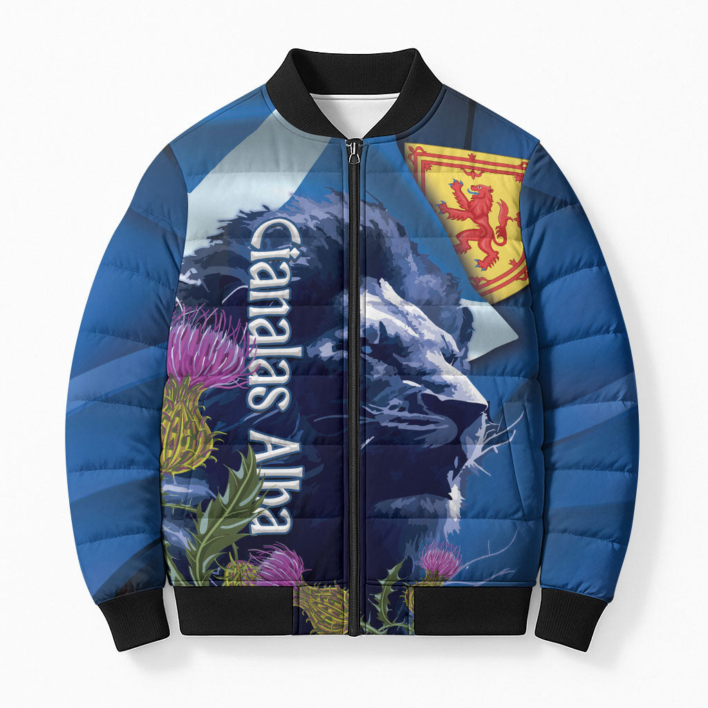 Cianalas Alba Scotland Bomber Puffer Jacket Scottish Lion and Thistle Blue Version