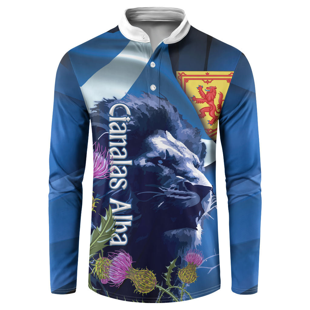 Cianalas Alba Scotland Button Sweatshirt Scottish Lion and Thistle Blue Version
