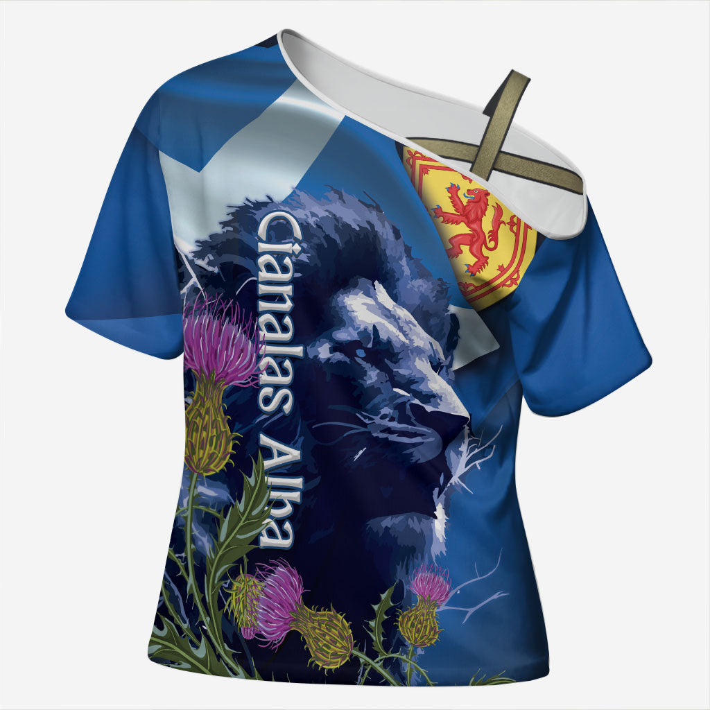 Cianalas Alba Scotland Cross Shoulder Shirt Scottish Lion and Thistle Blue Version