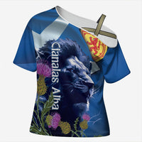 Cianalas Alba Scotland Cross Shoulder Shirt Scottish Lion and Thistle Blue Version