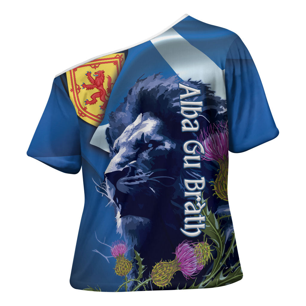 Cianalas Alba Scotland Cross Shoulder Shirt Scottish Lion and Thistle Blue Version