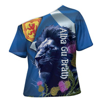 Cianalas Alba Scotland Cross Shoulder Shirt Scottish Lion and Thistle Blue Version