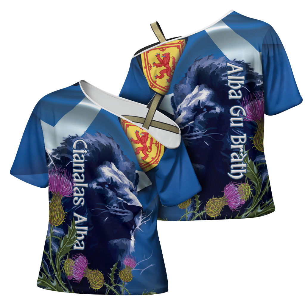 Cianalas Alba Scotland Cross Shoulder Shirt Scottish Lion and Thistle Blue Version