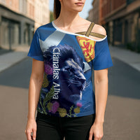 Cianalas Alba Scotland Cross Shoulder Shirt Scottish Lion and Thistle Blue Version