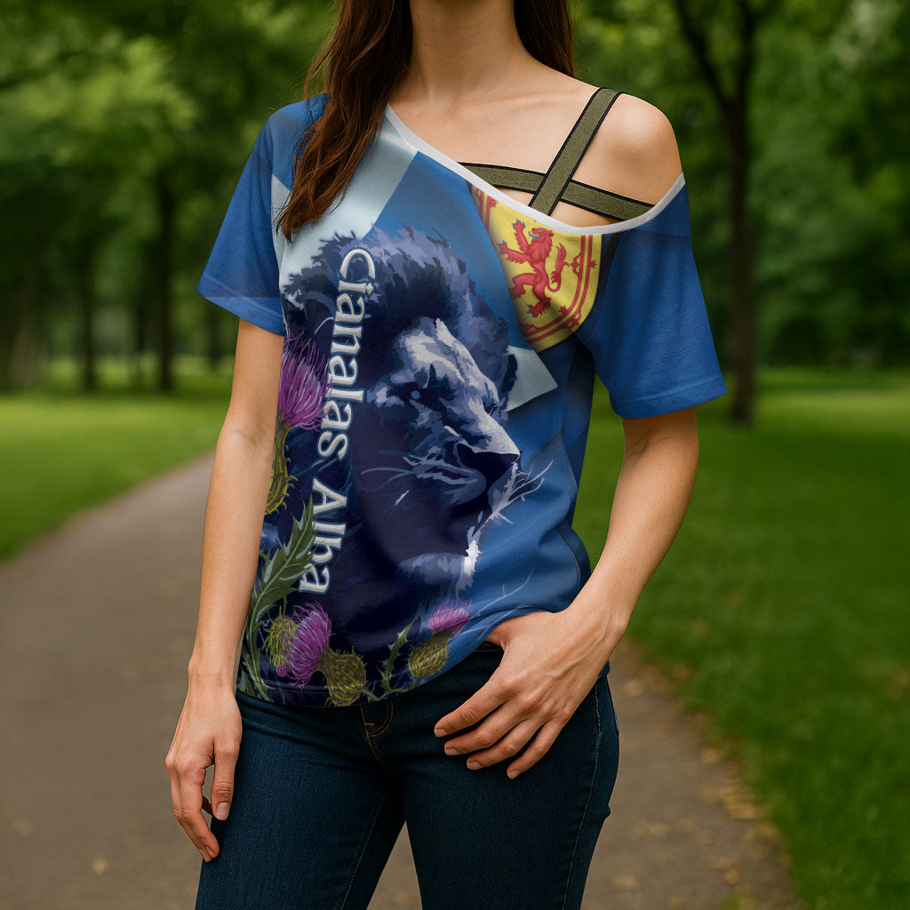 Cianalas Alba Scotland Cross Shoulder Shirt Scottish Lion and Thistle Blue Version